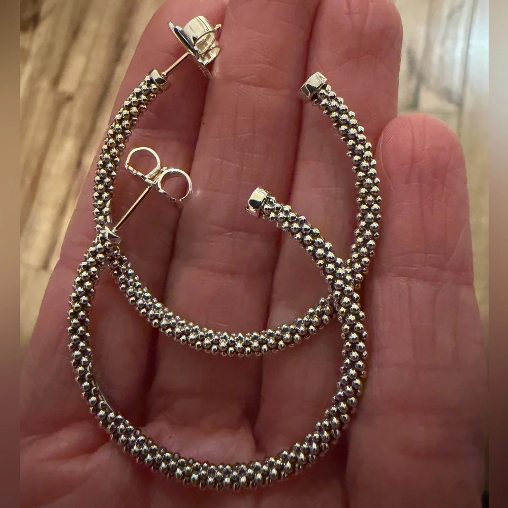 Lagos silver caviar 35mm hoops - Picture 2 of 6